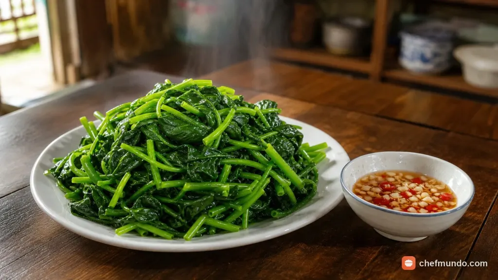 Đĩa rau khoai lang luộc chín xanh mướt bên cạnh bát nước chấm tỏi ớt