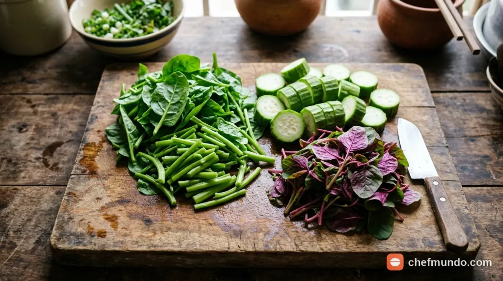 Khay nguyên liệu rau mồng tơi, mướp hương và rau dền đỏ sơ chế chuẩn bị nấu canh