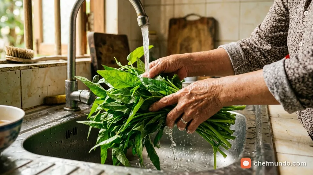 Sơ chế và rửa sạch từng ngọn rau muống dưới vòi nước chảy