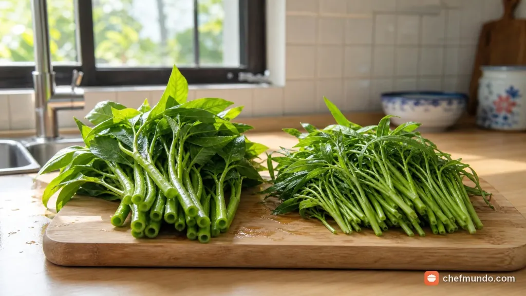 So sánh rau muống nước thân to rỗng và rau muống cạn thân nhỏ mảnh