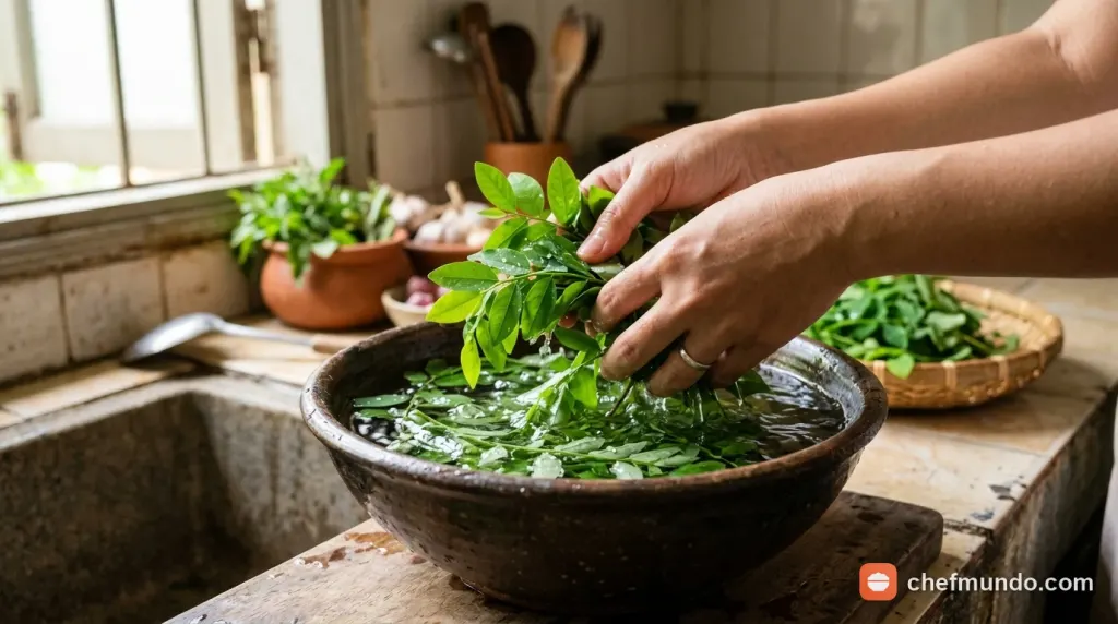 Lá rau ngót tươi được rửa sạch trong bát nước