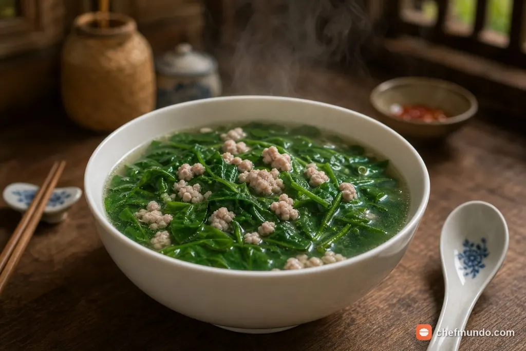 Bát canh rau ngót nấu thịt băm nóng hổi trên bàn ăn