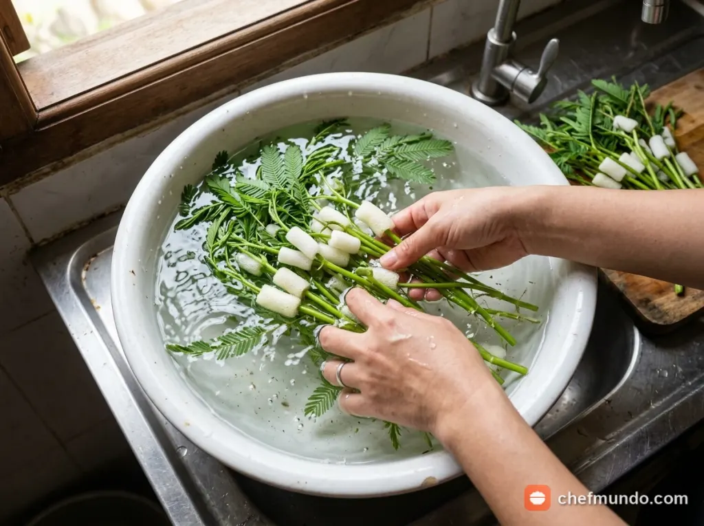 Sơ chế rửa sạch từng cọng rau nhút dưới vòi nước chảy