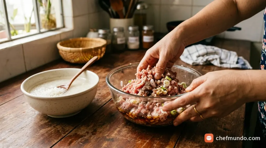 Sơ chế gạo và ướp thịt lợn băm