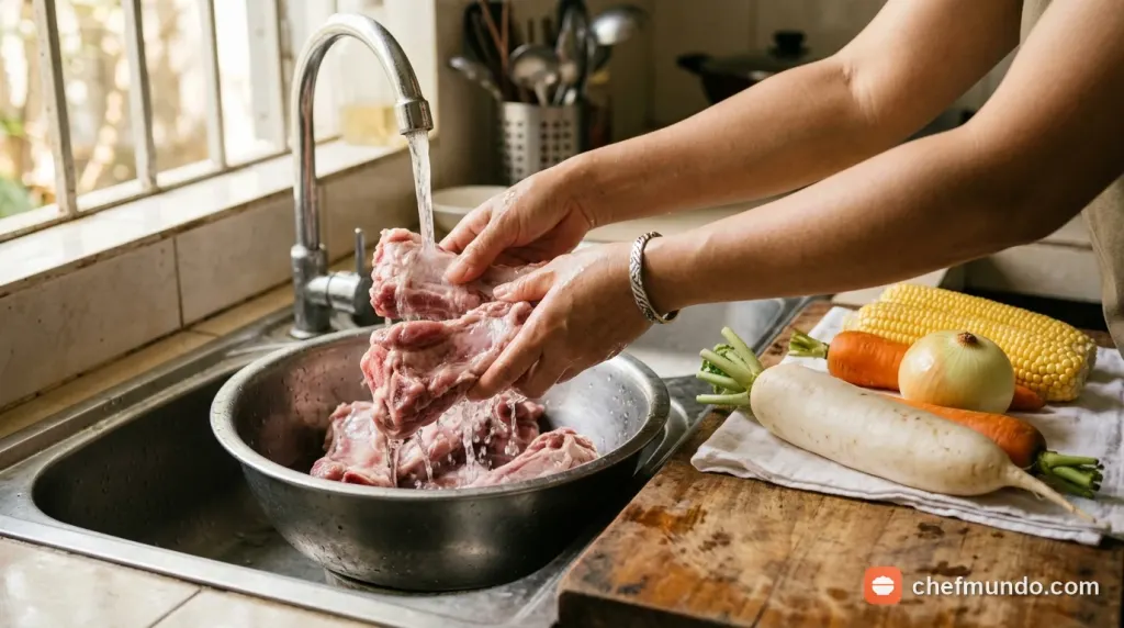 Sơ chế xương heo và các loại rau củ