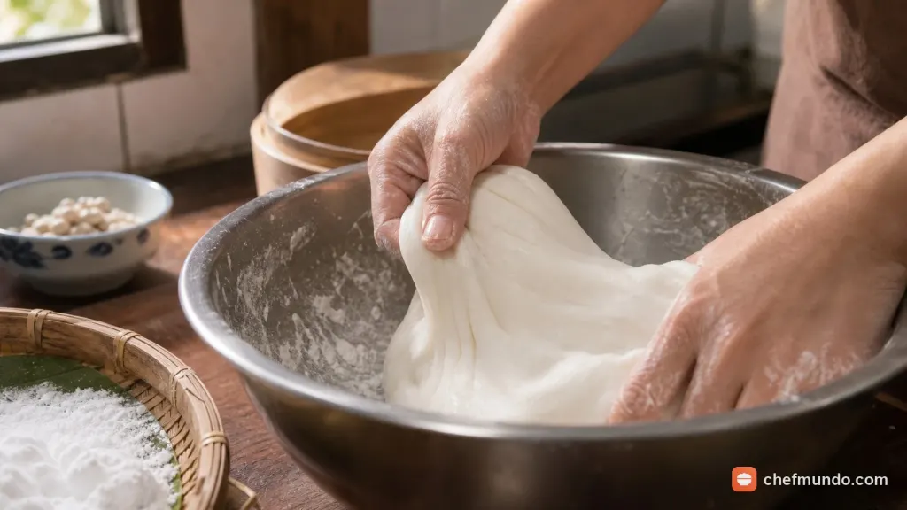 Sơ chế nguyên liệu và nhồi bột nếp