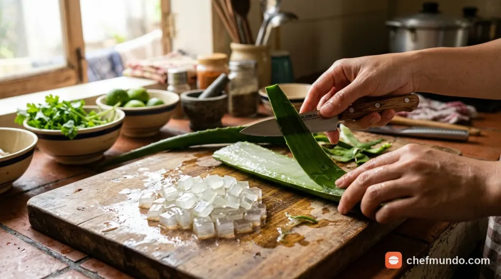 Gọt vỏ và cắt nha đam hạt lựu