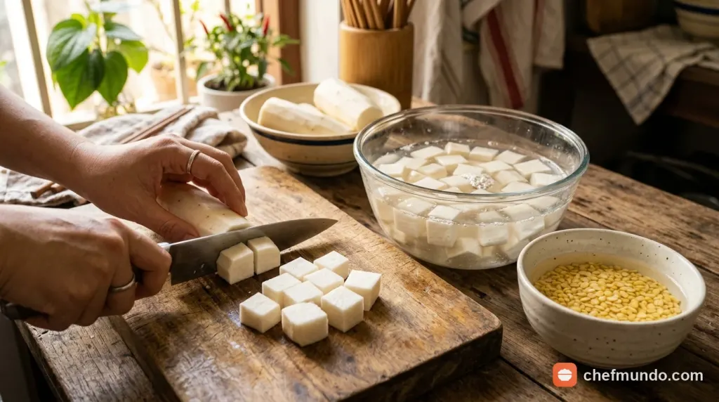Sơ chế củ mài và ngâm đậu xanh