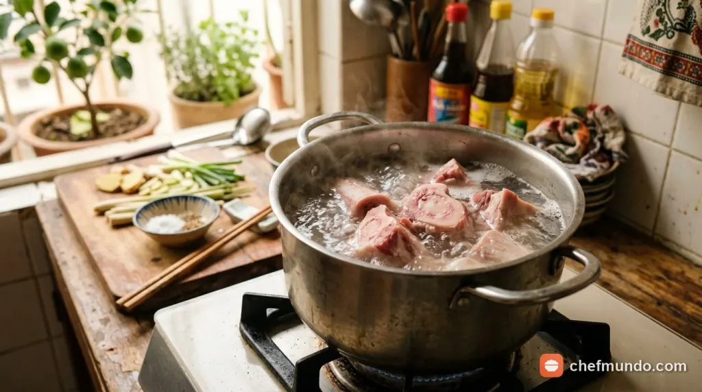 Sơ chế xương ống và hầm nước lèo ngọt thanh