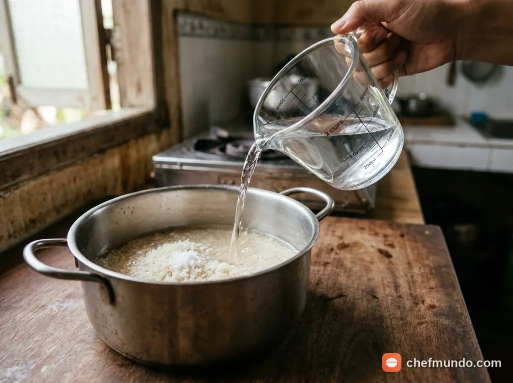 Cho gạo và nước vào nồi