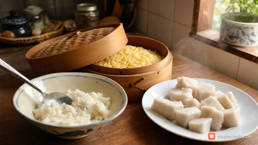 Luộc củ mài và hấp chín đậu xanh