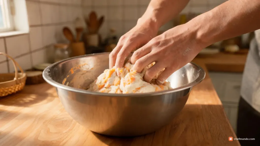 Nhào bột vỏ nếp kết hợp khoai lang