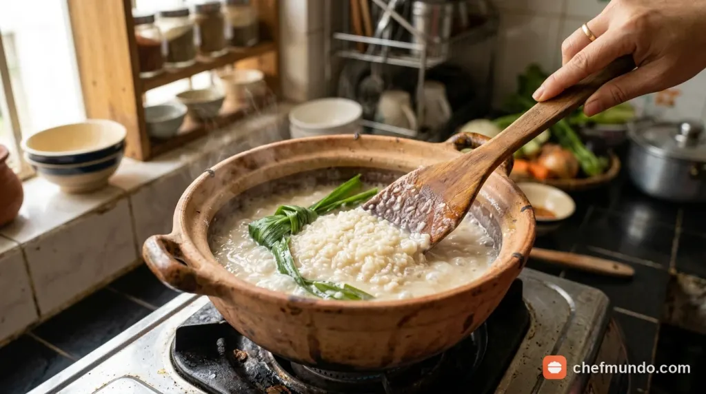 Nấu chín gạo nếp với lá dứa