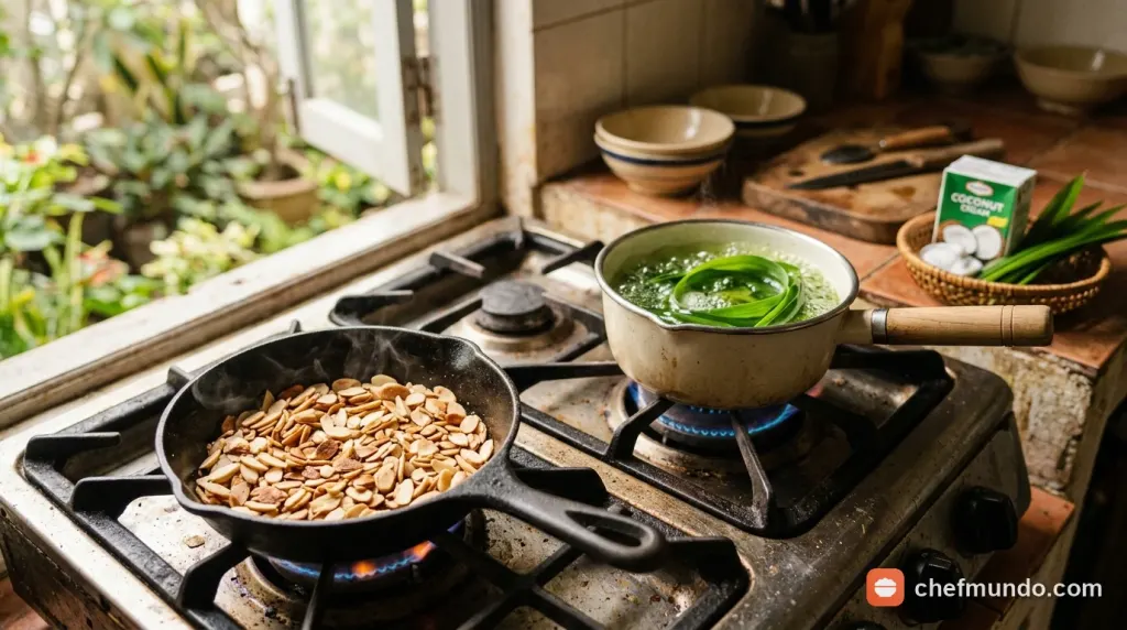 Nấu nước đường lá dứa và rang hạnh nhân