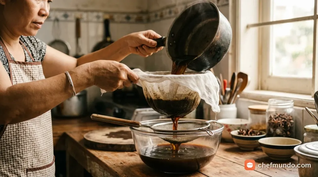 Vò lá và lọc lấy nước thạch trong mịn