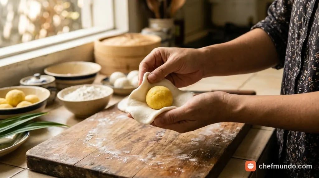 Chia bột và bọc nhân vo viên