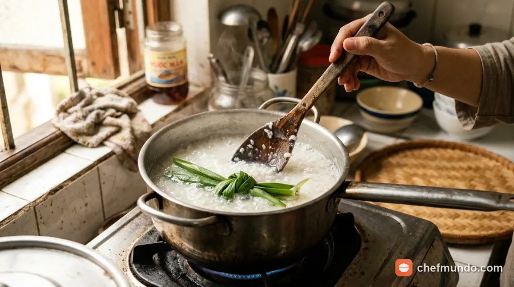 Nấu cháo trắng lá dứa sánh mịn