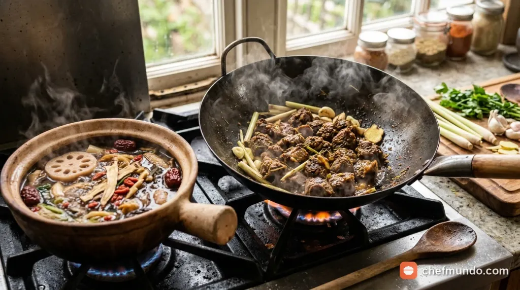 Hầm nước dùng thảo mộc và xào săn thịt dê
