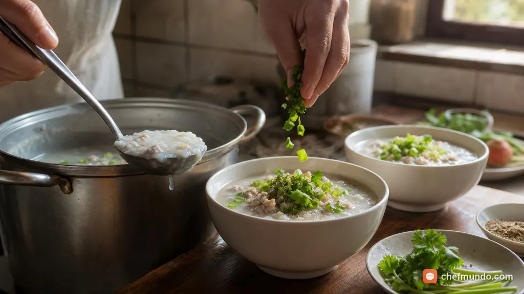 Hoàn thiện cháo thịt băm sánh mịn và trình bày