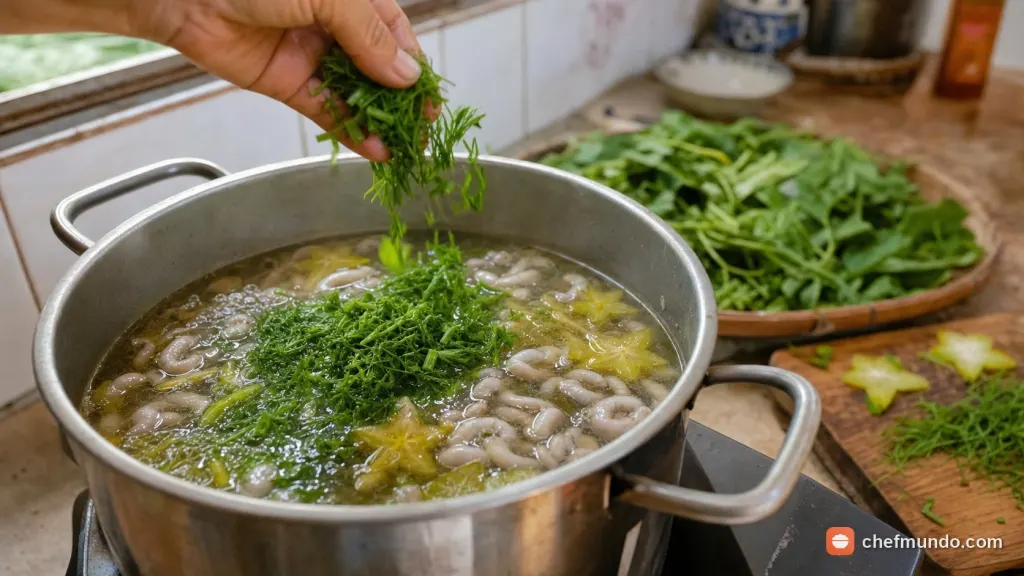 Thả rươi và rau cải xanh, hoàn thành món canh