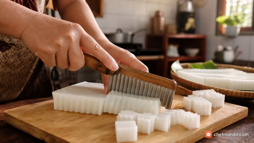 Cắt khúc bạch và hoàn thành món chè