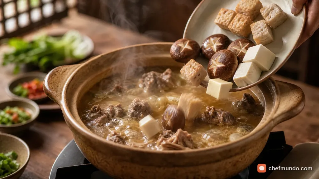 Nấu lẩu dê khoai môn và nêm nếm hoàn thiện