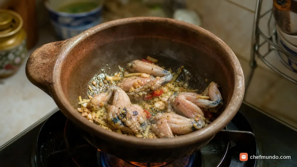 Phi thơm gia vị và xào săn thịt ếch