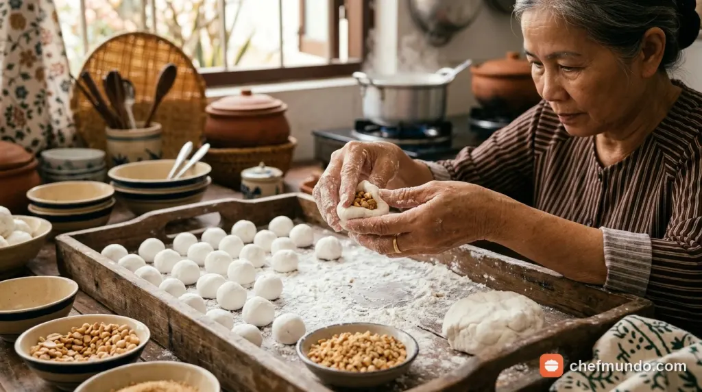 Tạo hình viên chè lủm chủm nhân đậu phộng