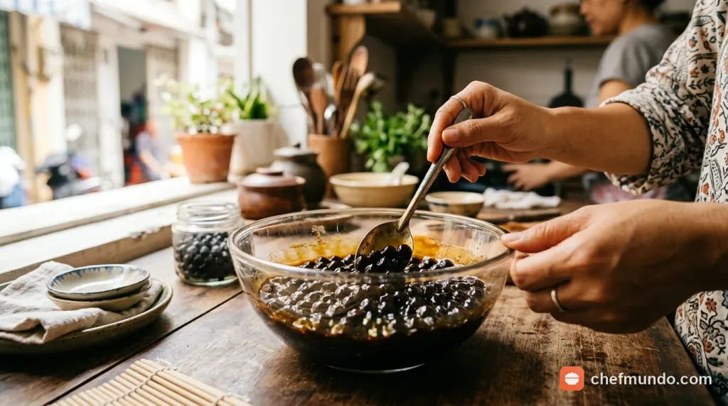 Ngâm trân châu với syrup đường đen