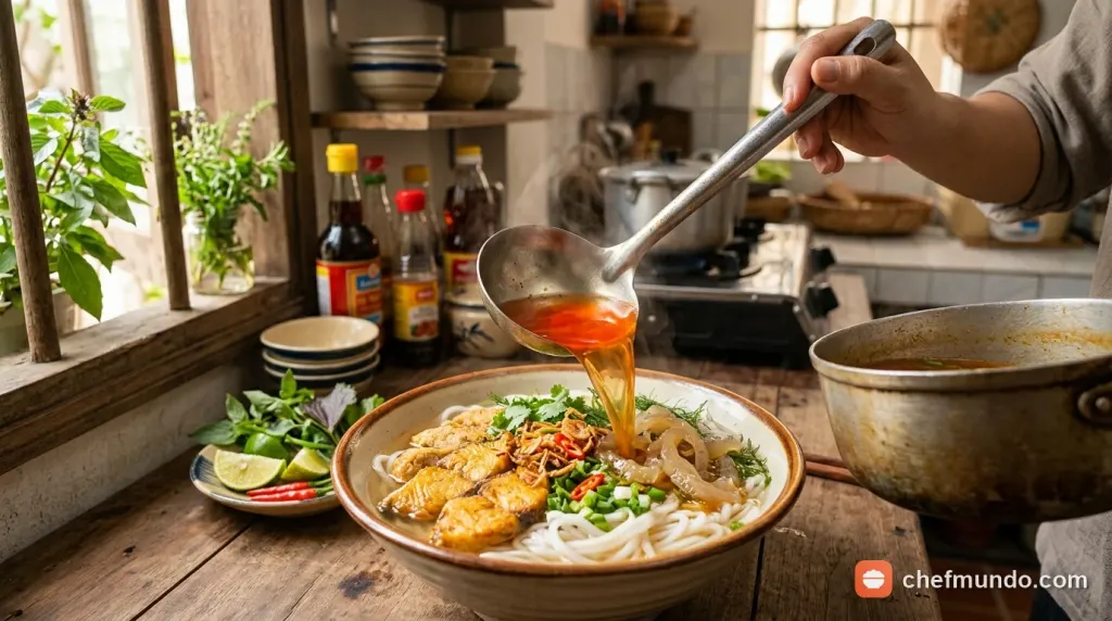 Trụng bún và hoàn thiện tô bún cá sứa