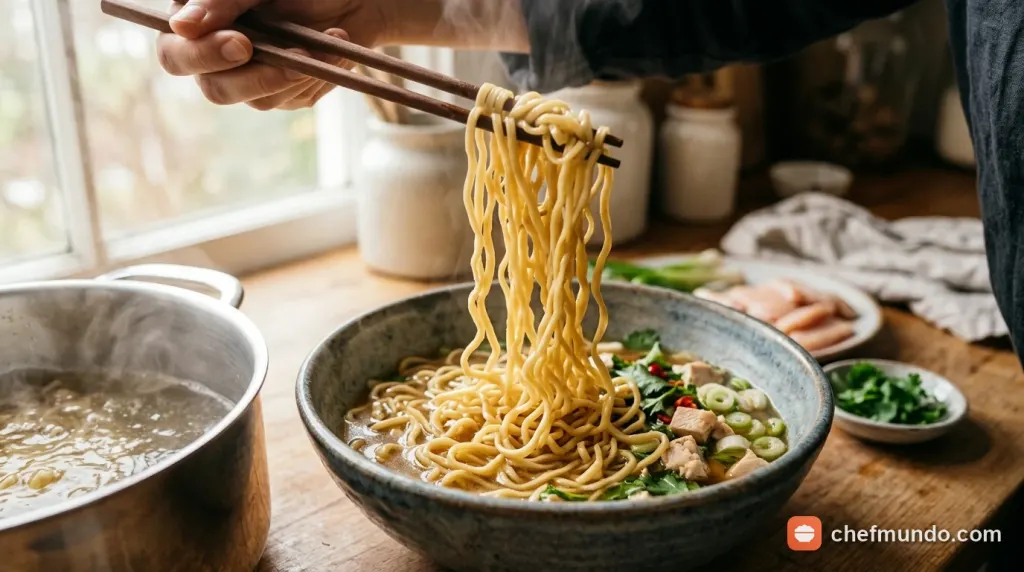 Trụng mì trứng và trình bày tô mì gà tần