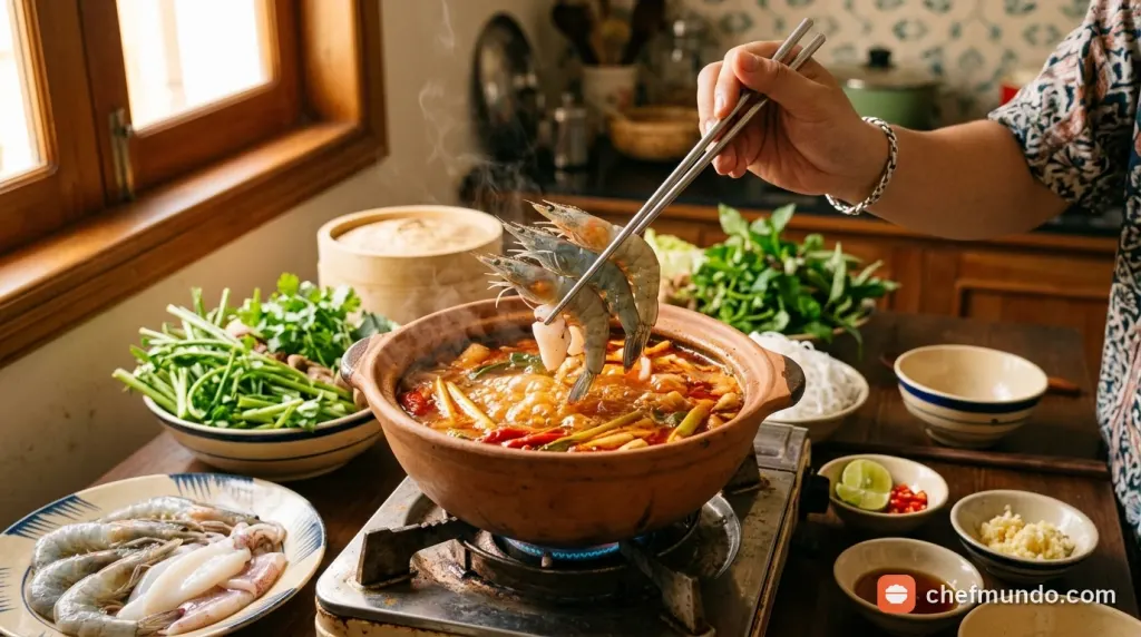 Trình bày nồi lẩu và thưởng thức