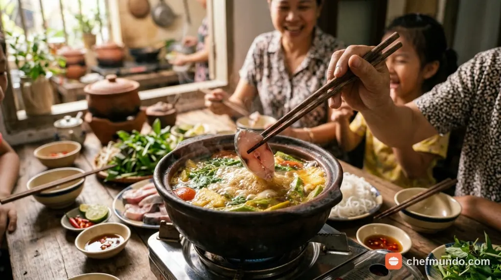Trình bày mâm lẩu cá chép giòn và thưởng thức