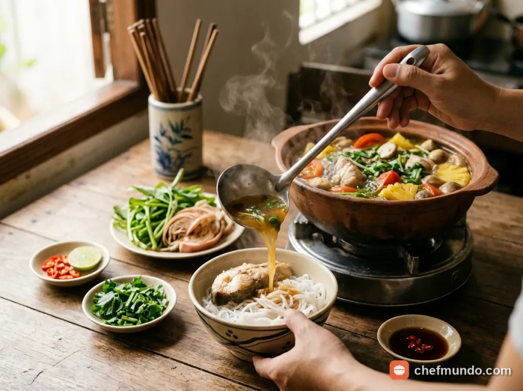 Trình bày và thưởng thức lẩu cá bớp
