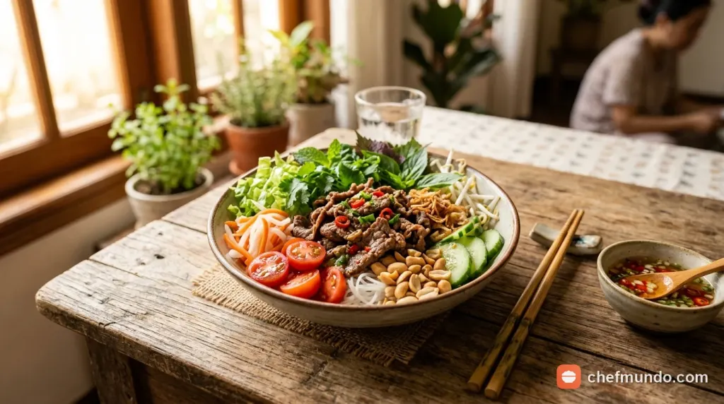 Đầu bếp thái lát thịt bò tươi để lộ thớ cơ nhỏ mịn và lớp mỡ vàng nhạt