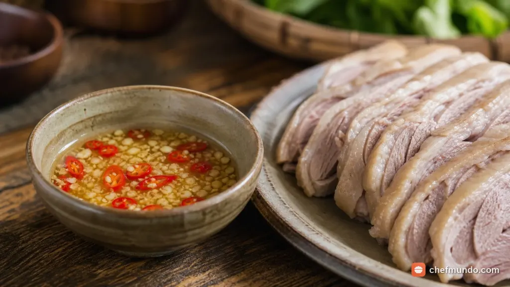 Đĩa thịt vịt luộc thái lát ăn kèm bát nước mắm gừng tỏi ớt truyền thống
