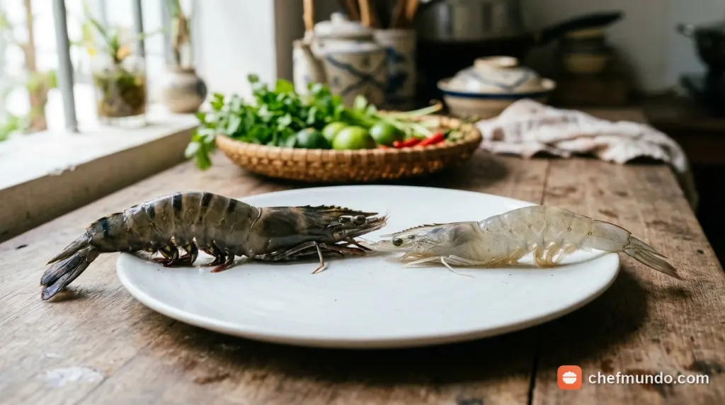 Cận cảnh tôm sú tươi với lớp vỏ sọc đen xám tự nhiên và thân săn chắc