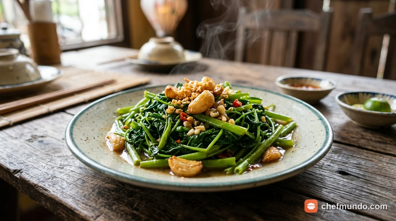 Rau muống xào tỏi đã nấu chín trên bàn ăn