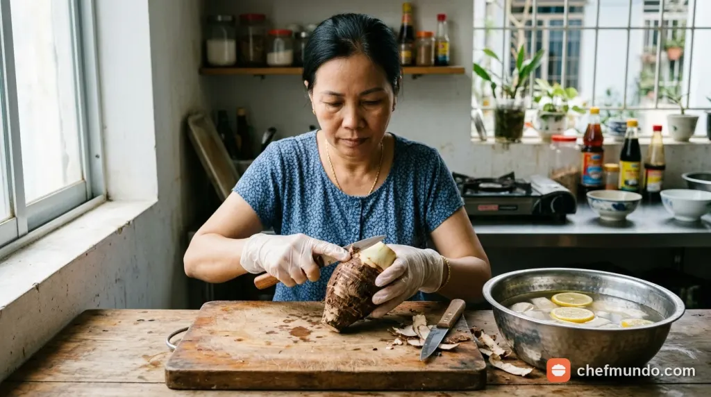 Người nội trợ đeo găng tay gọt vỏ khoai môn khô ráo và chuẩn bị thau nước muối loãng để khử chất gây ngứa