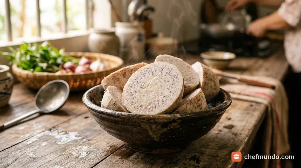 Bát khoai môn luộc đặt cạnh khoai lang hấp và bát cơm trắng nhỏ trên bàn ăn chuẩn bị cho chế độ ăn kiêng