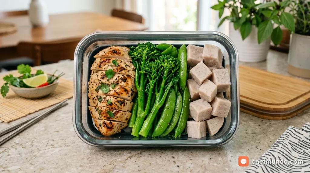 Đĩa ăn Eat Clean gồm khoai môn luộc, ức gà áp chảo và rau xanh giúp giảm béo hiệu quả