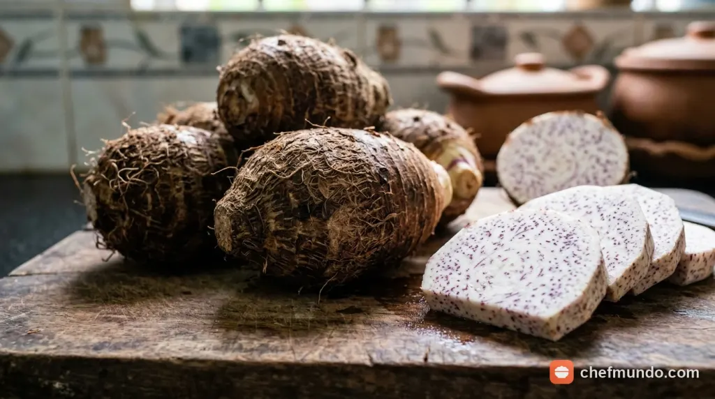 Khoai môn tươi nguyên củ và các lát cắt khoai môn chứa nhiều chất xơ, vitamin tốt cho da