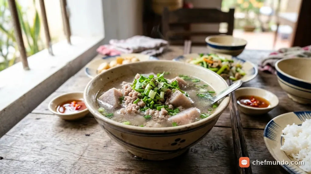 Tô canh khoai môn nấu thịt nạc thanh đạm phù hợp cho chế độ ăn của người bị mụn