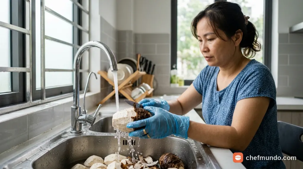 Đeo găng tay khi gọt vỏ khoai môn tươi để tránh kích ứng nhựa canxi oxalat gây ngứa da