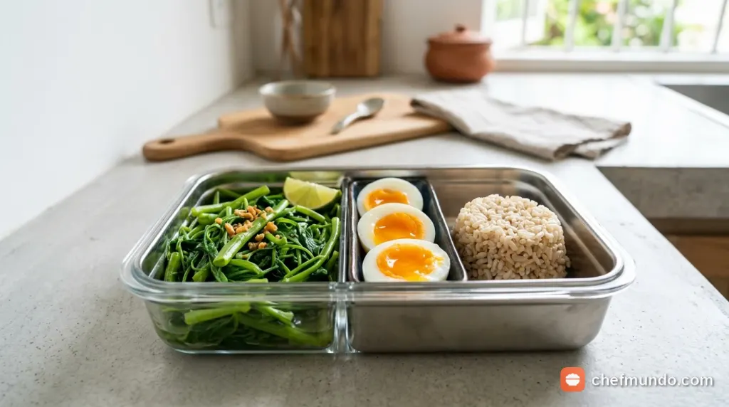 Thực đơn giảm cân khoa học kết hợp rau muống luộc với ức gà và cơm gạo lứt