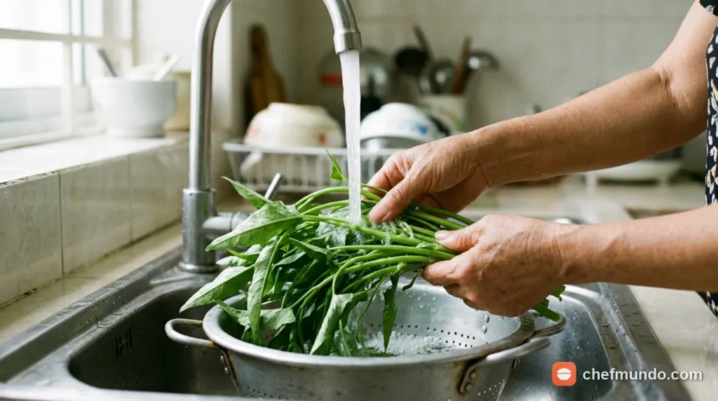 Rửa sạch từng cọng rau muống dưới vòi nước chảy để loại bỏ ký sinh trùng bảo vệ sức khỏe và mắt