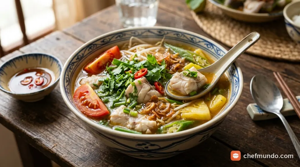 Nồi canh chua cá khoai nấu chín kỹ cùng cà chua và thì là đảm bảo an toàn vệ sinh thực phẩm cho thai phụ