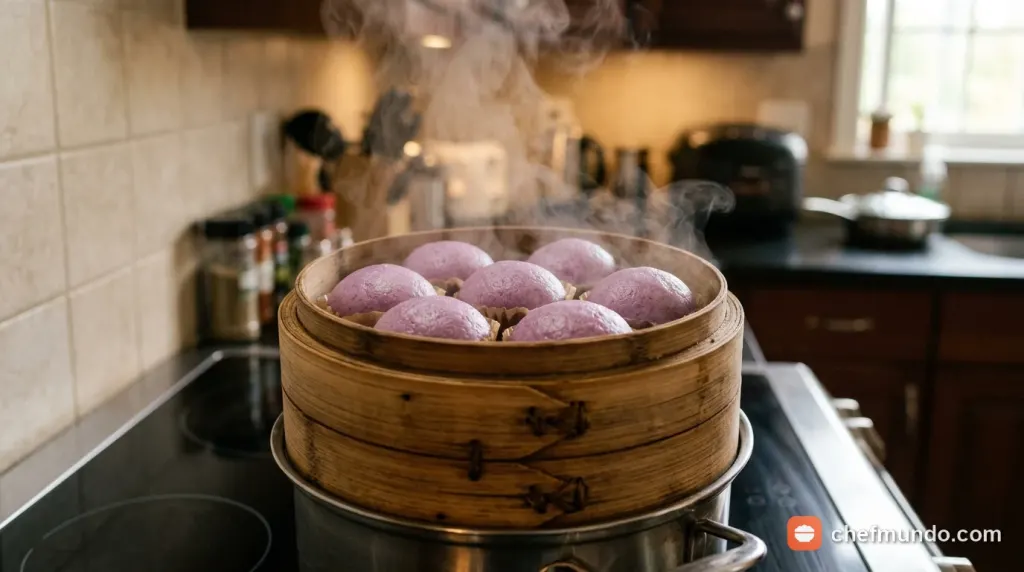Hấp bánh bao khoai môn Thọ Phát bằng xửng tre giữ trọn vị mềm thơm