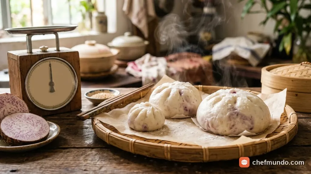 Các kích cỡ bánh bao nhân khoai môn khác nhau đặt cạnh cân tiểu ly để tính lượng calo theo khẩu phần.