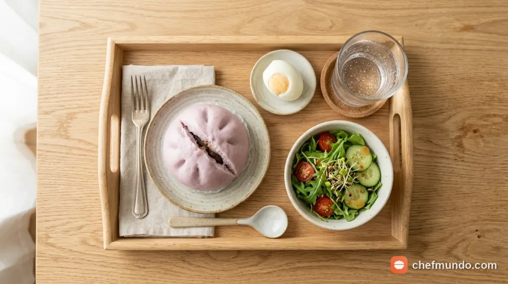 Khẩu phần ăn sáng kiểm soát lượng calo kết hợp bánh bao nhân khoai môn với trứng luộc và rau xanh.